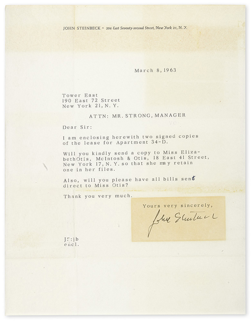 STEINBECK, JOHN. Typed Letter Signed, to building manager Mr. Strong,